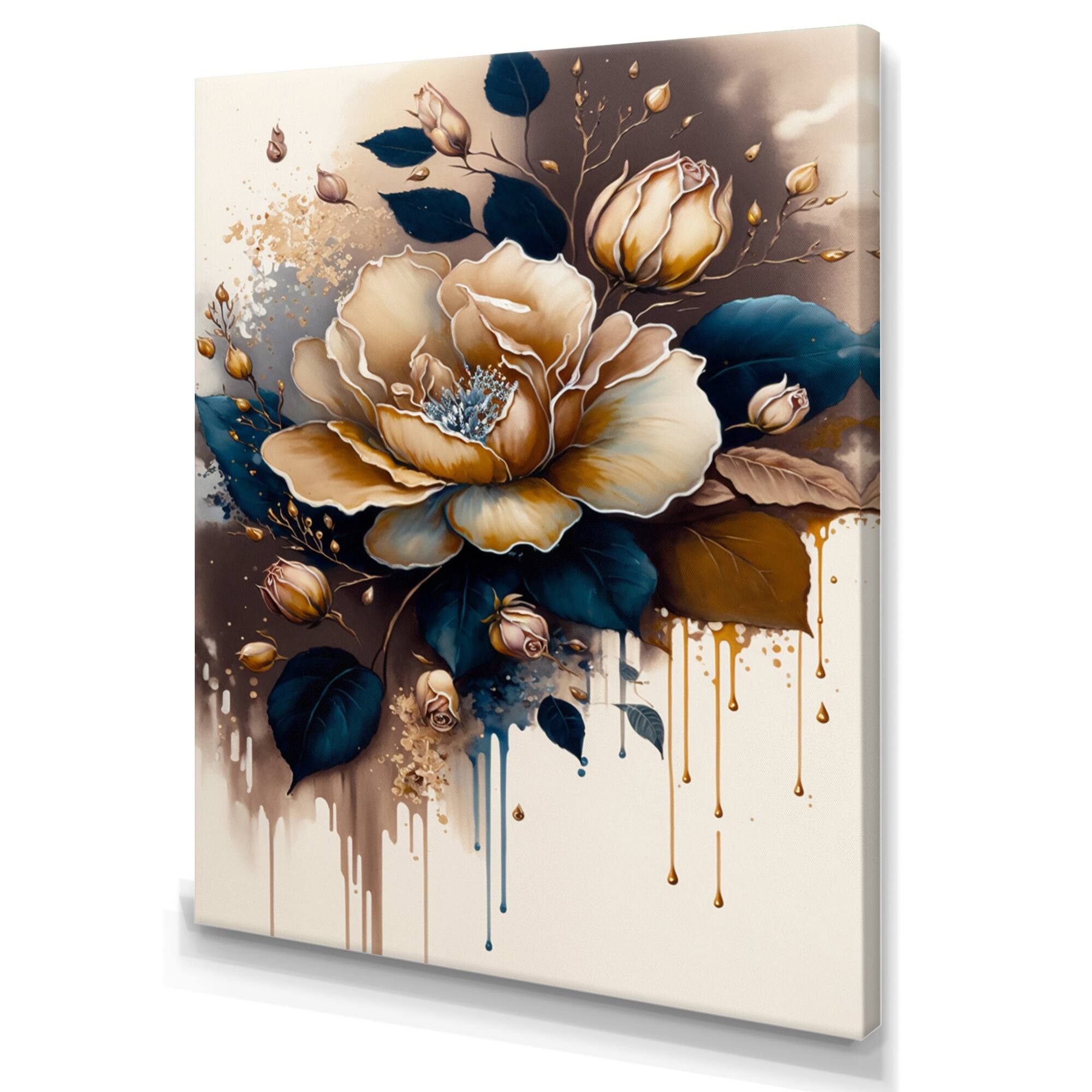 Designart 'Brown And Blue Rose Design' Floral & Botanical Canvas Wall ...