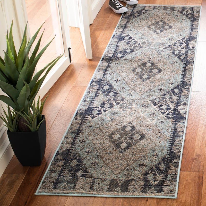 SAFAVIEH Montage Padelea Boho Indoor/ Outdoor Waterproof Patio Backyard Rug - 2'3" x 8' Runner - Blue/Grey