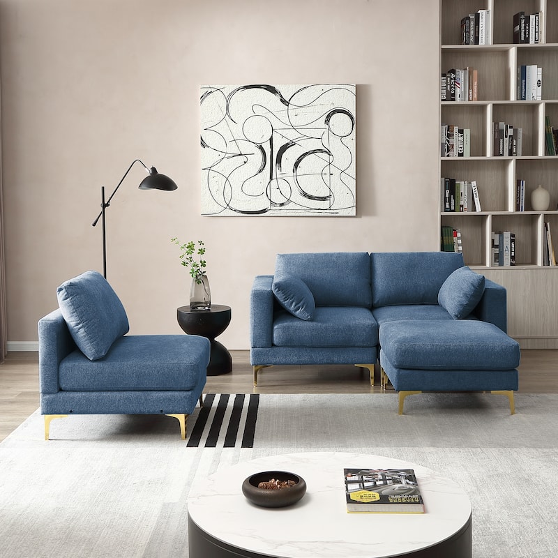 92'' Fabric L-Shape 3-Seater Sofa with Ottoman, Gold Metal Legs, and Toss Pillows