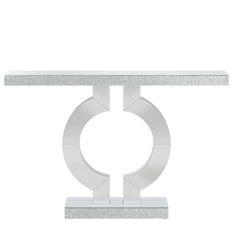 43"Modern Mirrored Console Table with O-Shaped Base, Silver Glass Entryway Table-Accent Sofa Table with Acrylic Diamond Veneer
