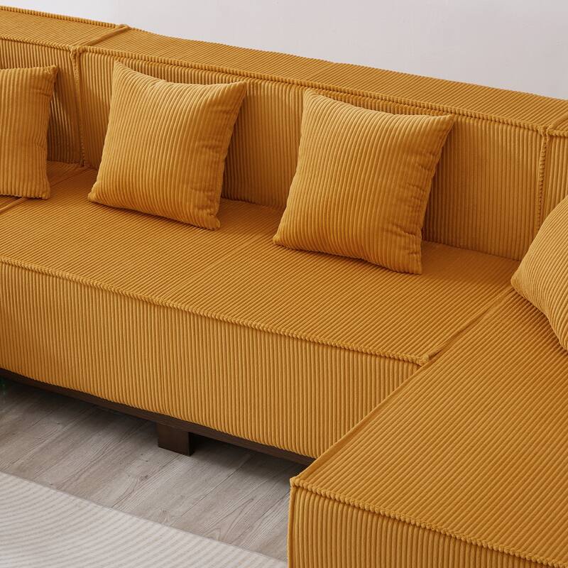 Modern U-Shaped Sectional Sofa Set Stripe Corduroy Upholstered Sofa with Light Strip and 6 Pillows