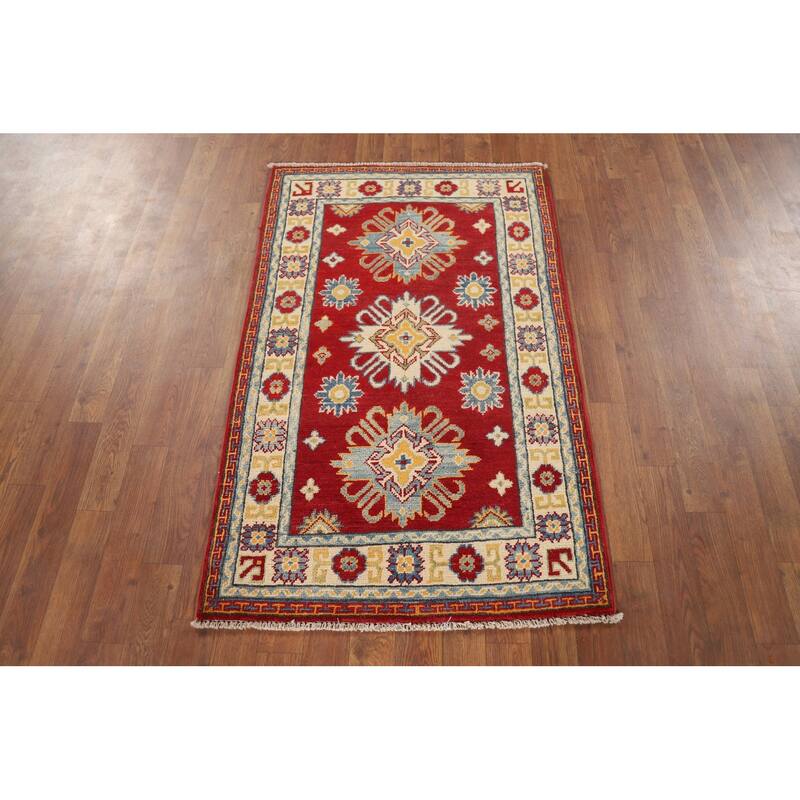 Geometric Red Kazak Oriental Foyer Rug Hand-Knotted Wool Carpet - 2'7" x 4'1"