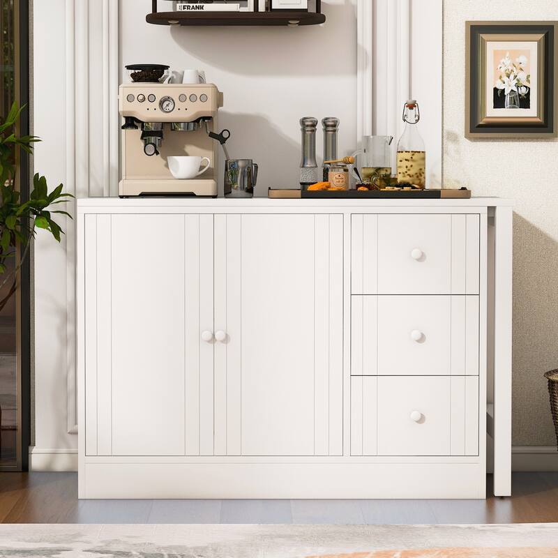Wooden Sideboard with Extendable Table,Multifunctional Storage Cabinet with 2 Doors and 3 Drawers - White