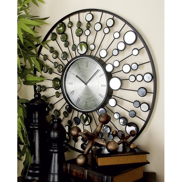 slide 2 of 7, Black Metal Radial Starburst Decorative Wall Clock with Mirrored Accents - 26"D