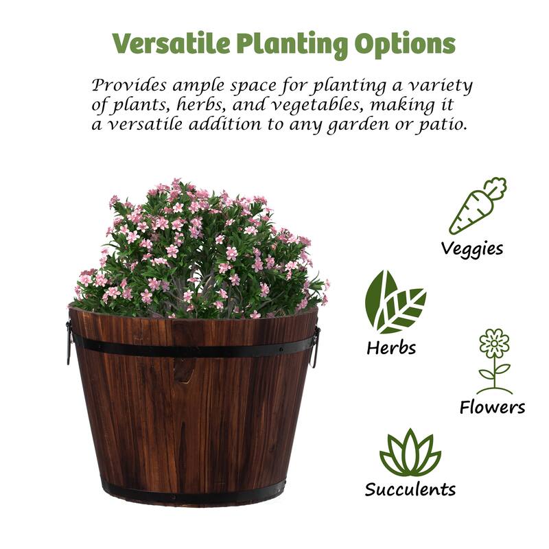 Rustic Wooden Whiskey Barrel Planter with Durable Medal Handles and Drainage Holes - Perfect for Indoor and Outdoor