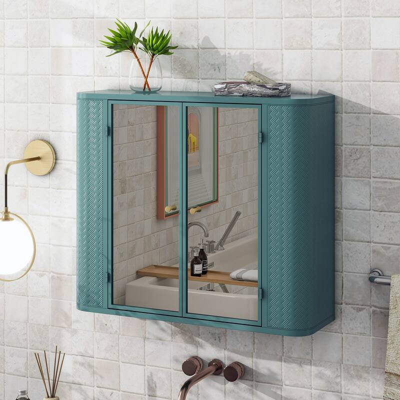 Wall-Mounted Bathroom Cabinet with Mirror, 2 Mirrored Doors & Open Shelf, Metal Frame Storage Cabinet with Open Compartment - Army Green