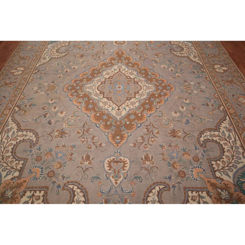 Gray Tabriz Persian Vintage Area Rug Handmade Wool Carpet - 9'6" x 12'9"