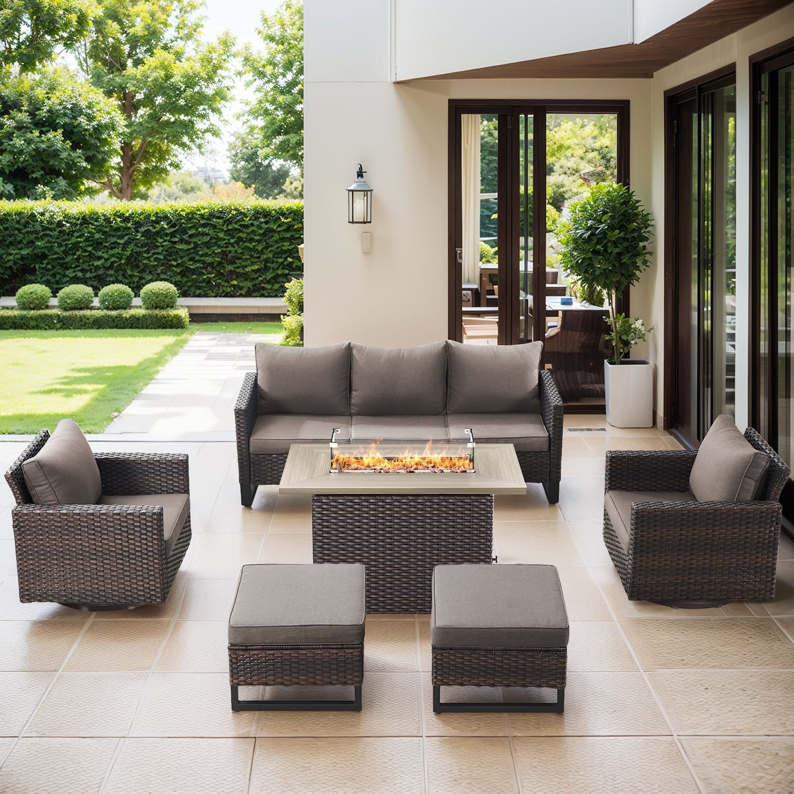 Patio Sofa 2 Swivel Chairs Ottomans and Fire Table Brown-Grey - Brown