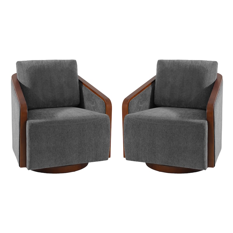 Set of 2 Modern Swivel Accent Barrel Chairs with Wood Arms