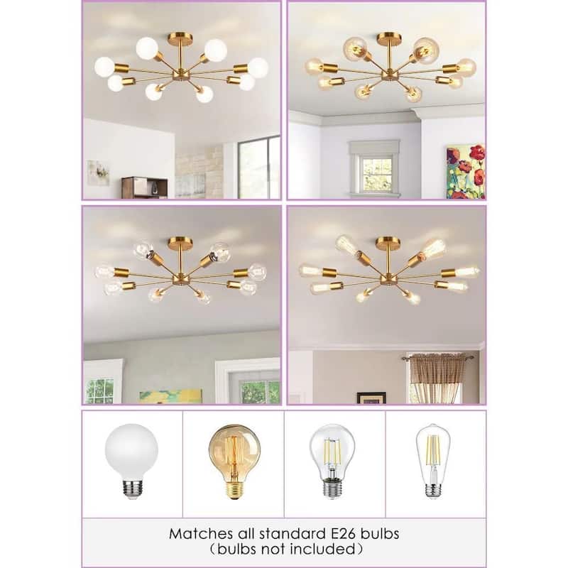 8-Light Modern Industrial Linear Sputnik Semi-Flush Mount Light