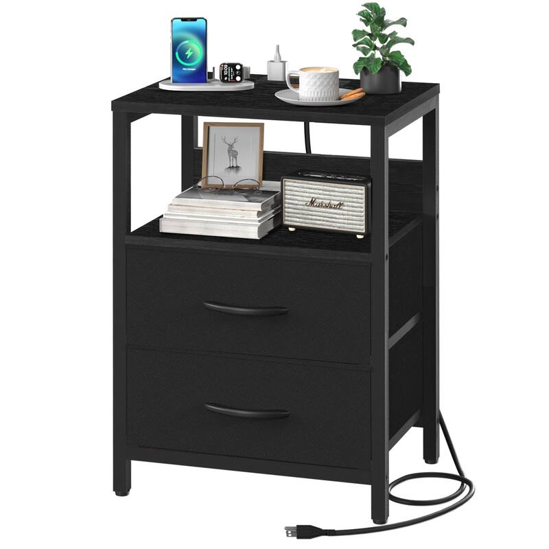 Nightstand with Charging Station,Small Night Stand with Fabric Drawers & Storage Shelf,Small Spaces with USB Ports & Outlets - Brown