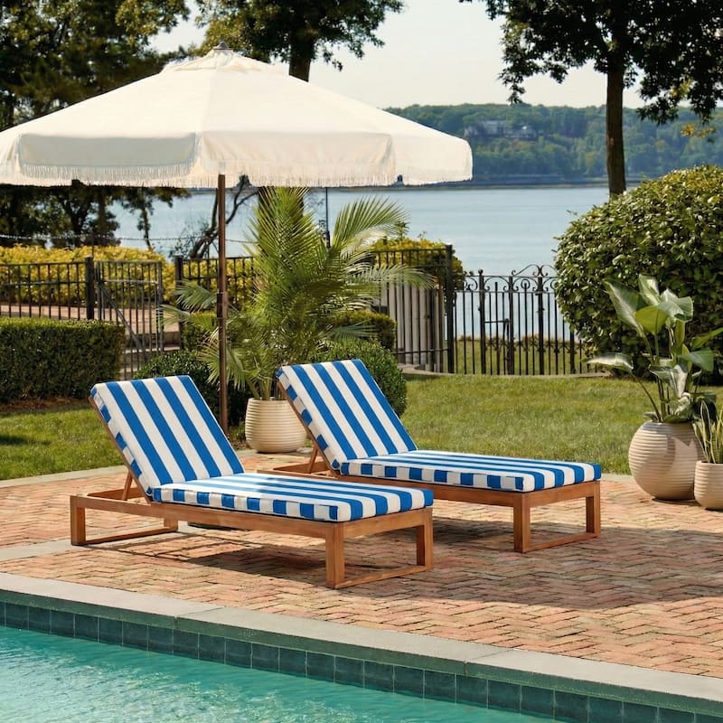 SAFAVIEH Outdoor Kaliyah Solid Wood Chaise Lounge Chair - 25Wx81Dx37H - Natural Wood/Royal Blue Stripe Stripe Cushion