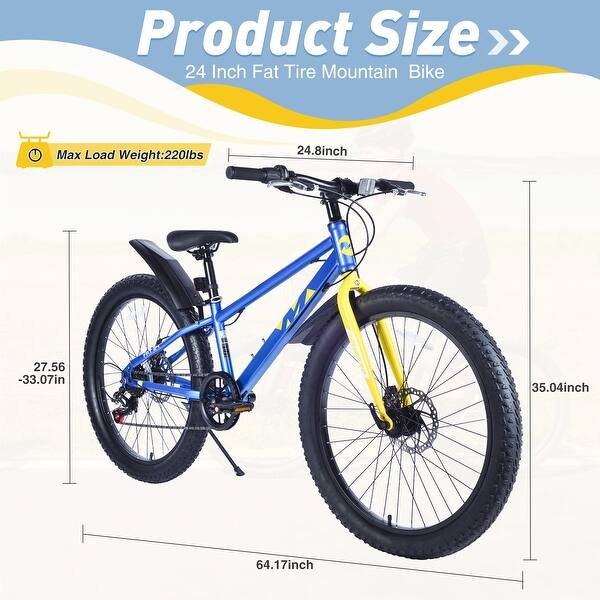 dimension image slide 3 of 5, Fat Tire Mountain Bike for Age 10-15 Years, Boys and Girl Bicycles