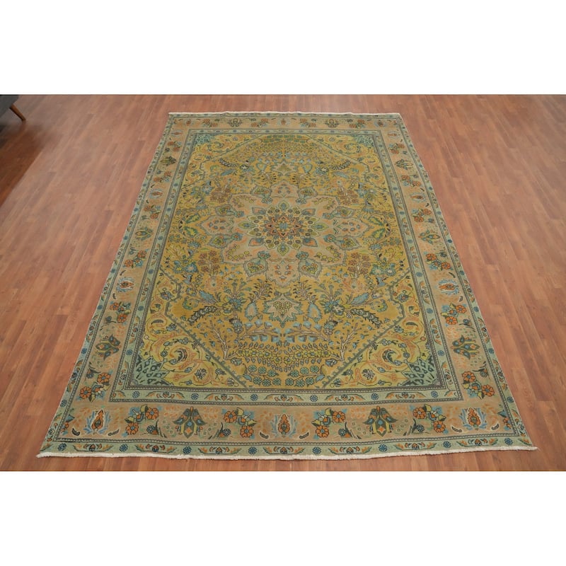 Hand Knotted Oriental 100% Wool Carpet Traditional Floral Yellow & Gold Tabriz Area Rug - 11' 0'' X 7' 11''