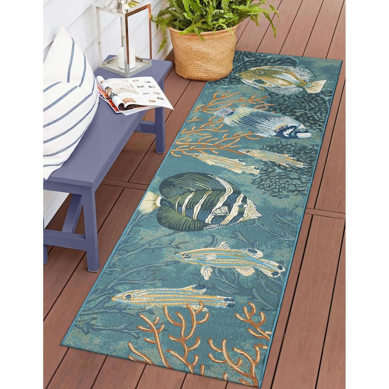 Liora Manne Marina Fish Indoor/Outdoor Rug - 1'11" x 7'6" - Aqua