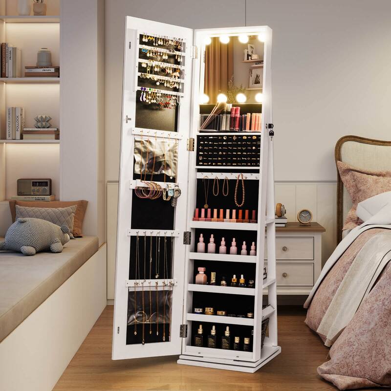 Costway 360° Swivel Jewelry Cabinet with Lighted Full Length Mirror & - See Details