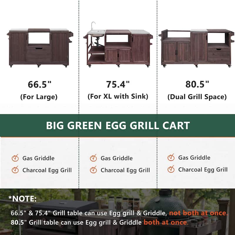 Solid Wood 80.5" Outdoor Kitchen Island for Big Green Egg& Blackstone Griddle, Grill Cart Table with Stainless Steel Top