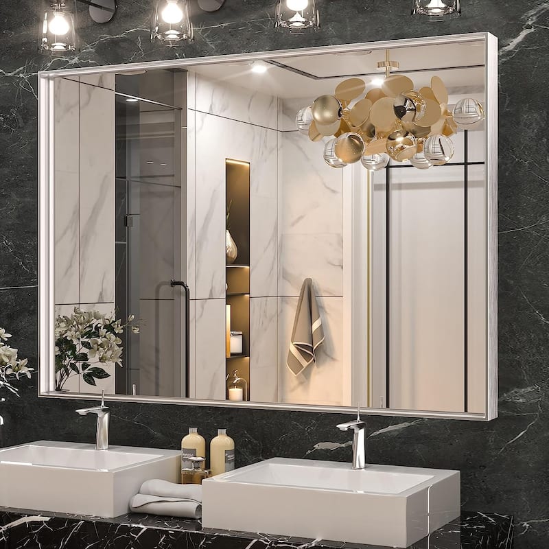KEONJINN Modern Metal Framed Bathroom Vanity Wall Mounted Mirror - 40x30 - Silver