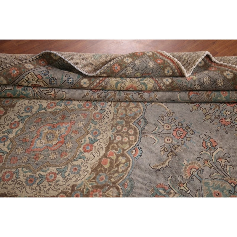 Traditional Gray Tabriz Persian Vintage Rug Hand-Knotted Wool Carpet - 9'6"x 12'11"