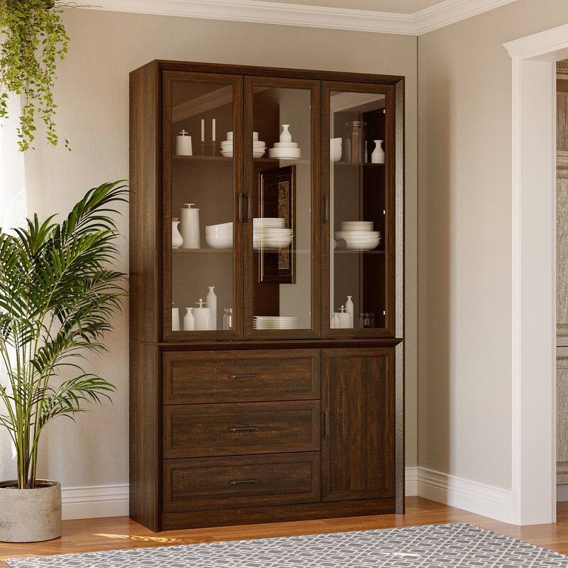 79.6"H Display Bookcase Pantry Cabinet Sideboard with Tempered Glass Doors White/Brown - Dark Brown Wood