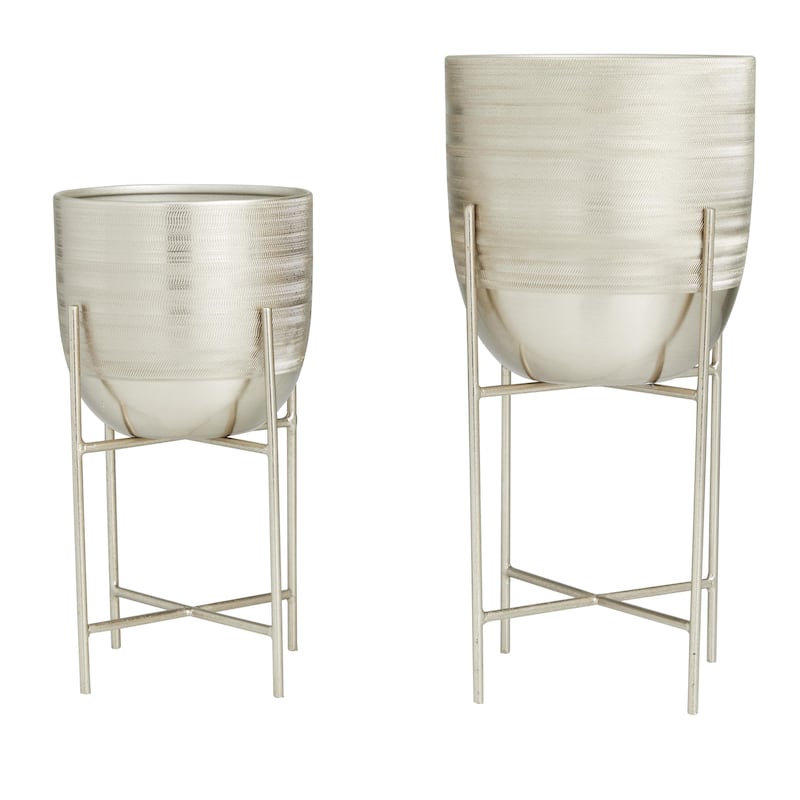 Metal Indoor Outdoor Planter with Removable Stand - Set of 2 Silver, Gray, Gold - Roche River Decor