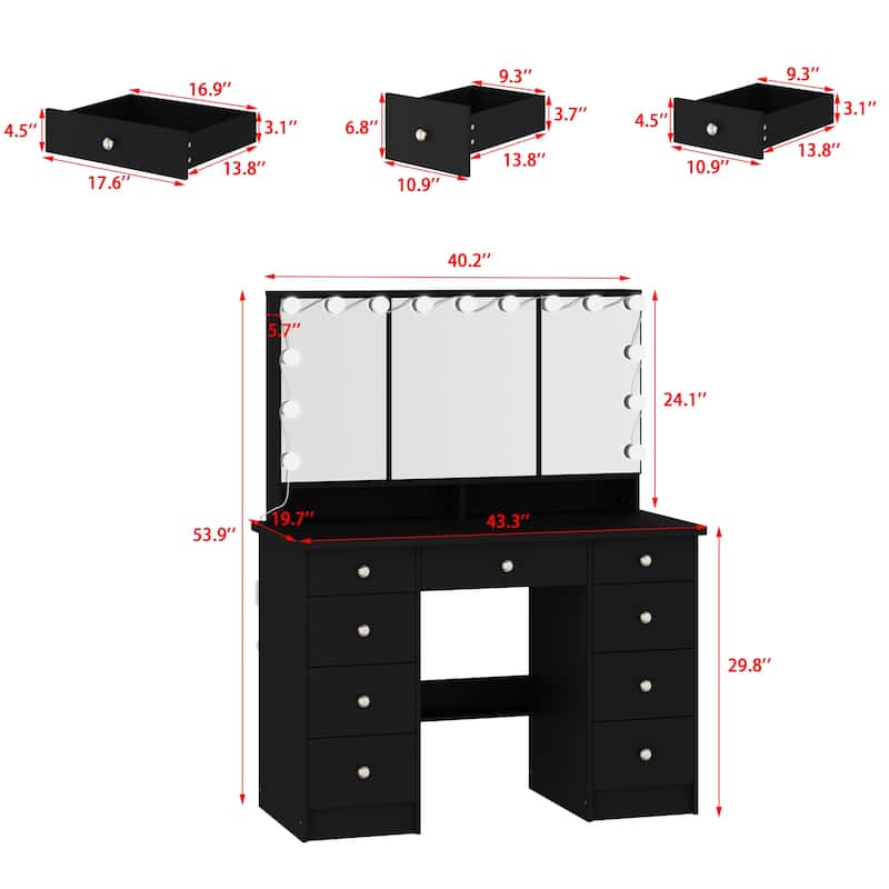 40.2"W Beauty Station with 3 Mirrors Makeup Vanity for Dressing
