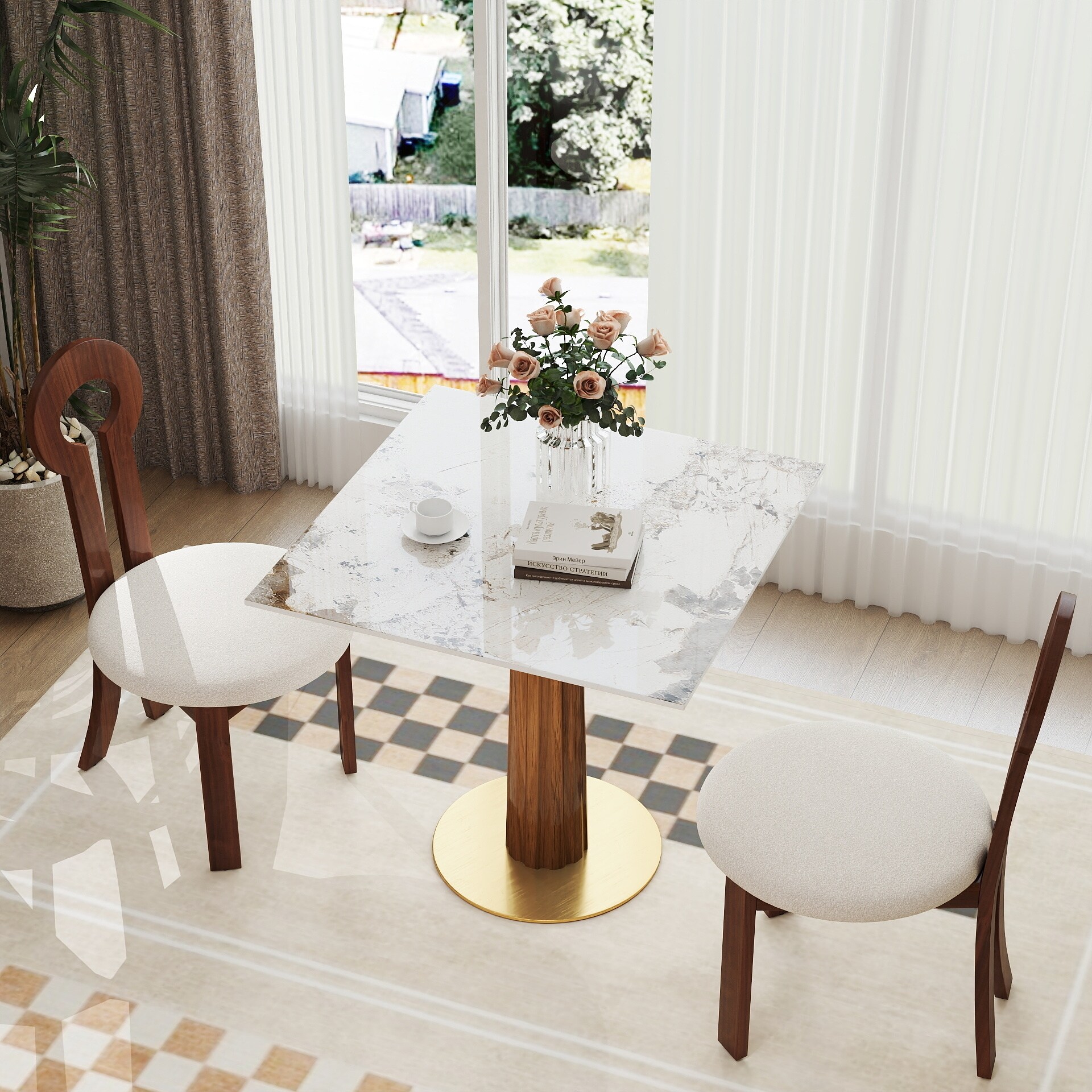 Modern 33.5" Sintered Stone 2 - Person Dining Table with Round Wooden Pedestal Leg & Gold Base for Small Space