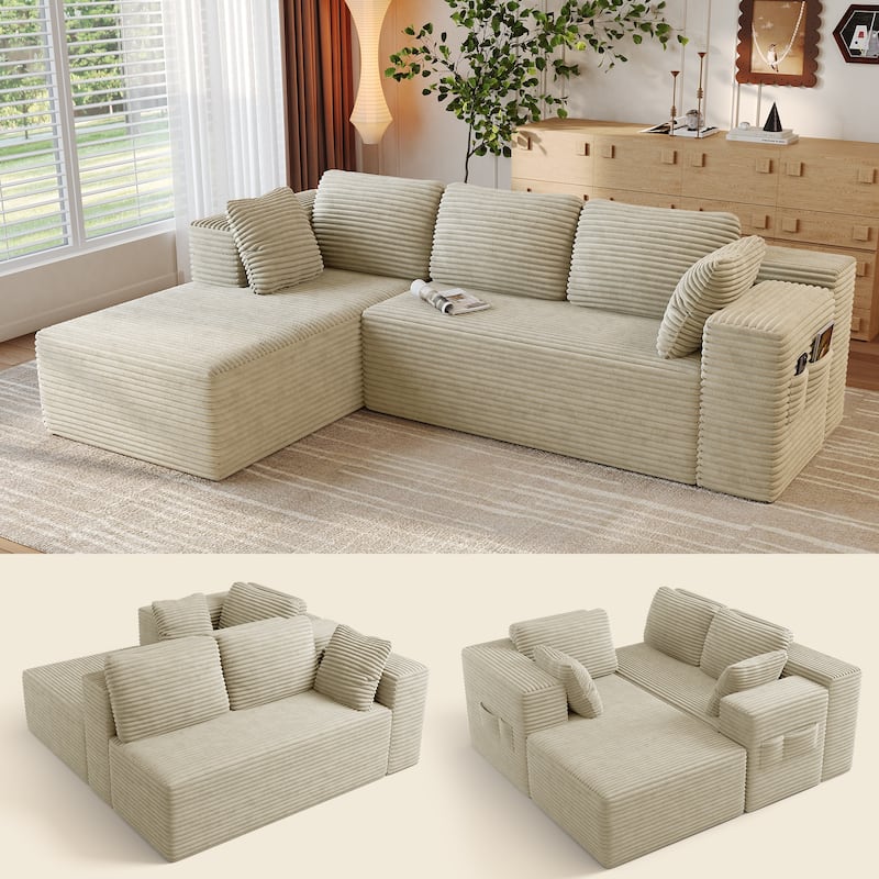 105" Cloud Sectional Couch with L-Shape Chaise, Modular Boneless Sofa, Upholstered Corduroy Couch - Beige