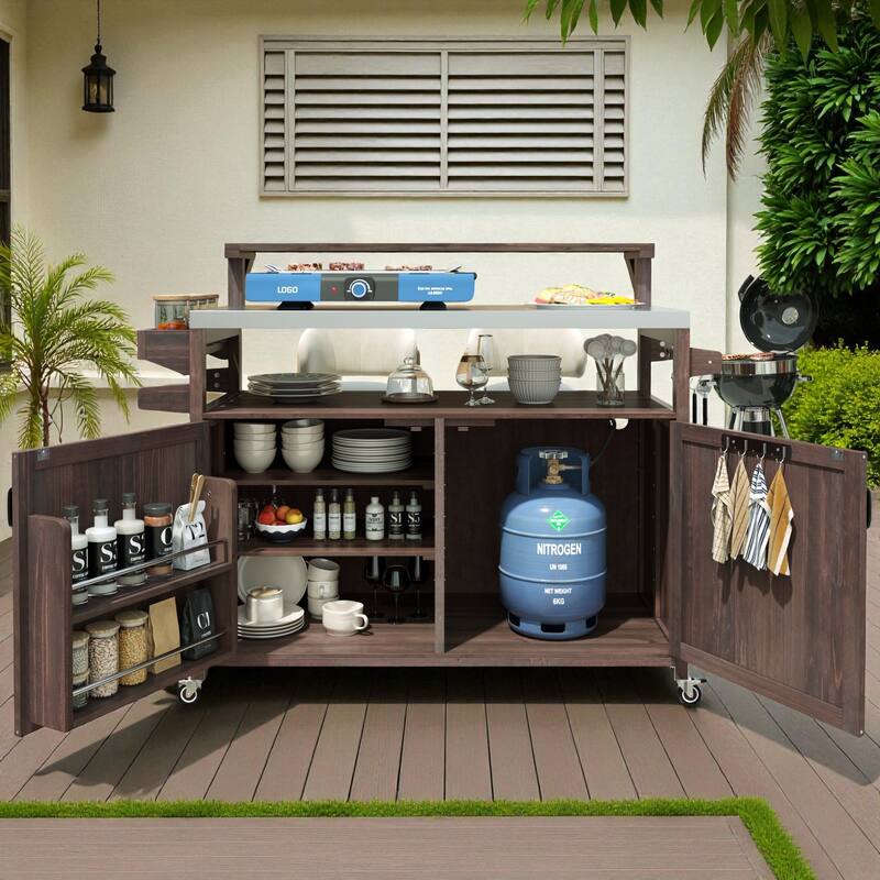 53" Outdoor Kitchen Island with Stainless Steel Top, Raised Shelf, Solid Wood Grill Cart with Storage Cabinet