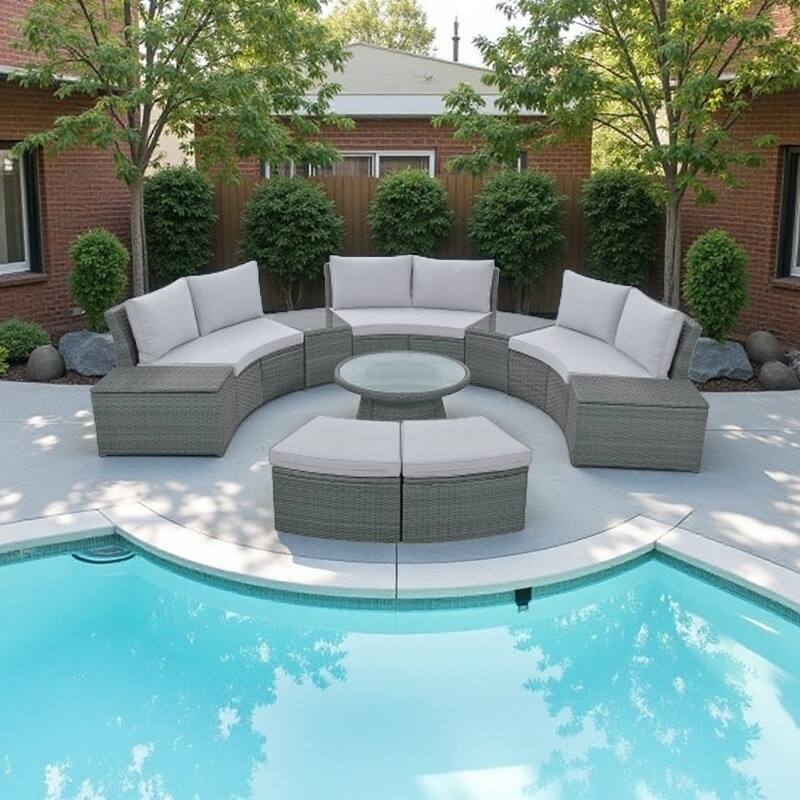 10-Piece Patio Sectional Curved Outdoor Rattan Sofa Set with Cushions, Storage Boxes, Ottomans, Tables and Glass Top - Light Gray