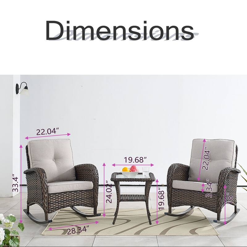 PlainCurve 3-Piece Wicker Outdoor Patio Conversation Set with Rocking Chairs and Olefin Cushions