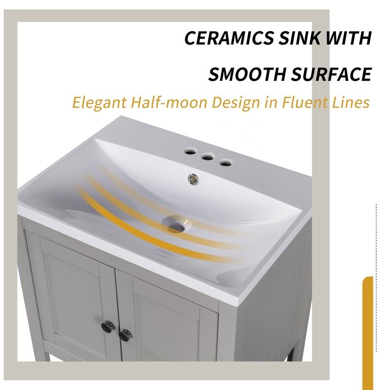 24" Modern Bathroom Vanity with Ceramic Sink and Open Style Shelf