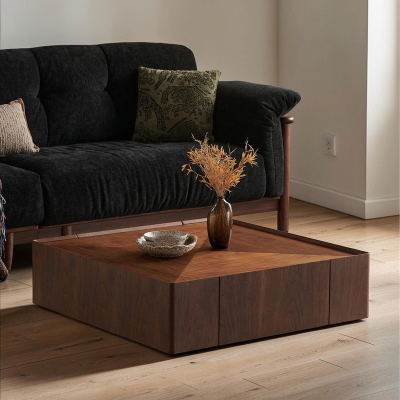 35.4" Square Walnut Wood Coffee Table, Modern Wood Table