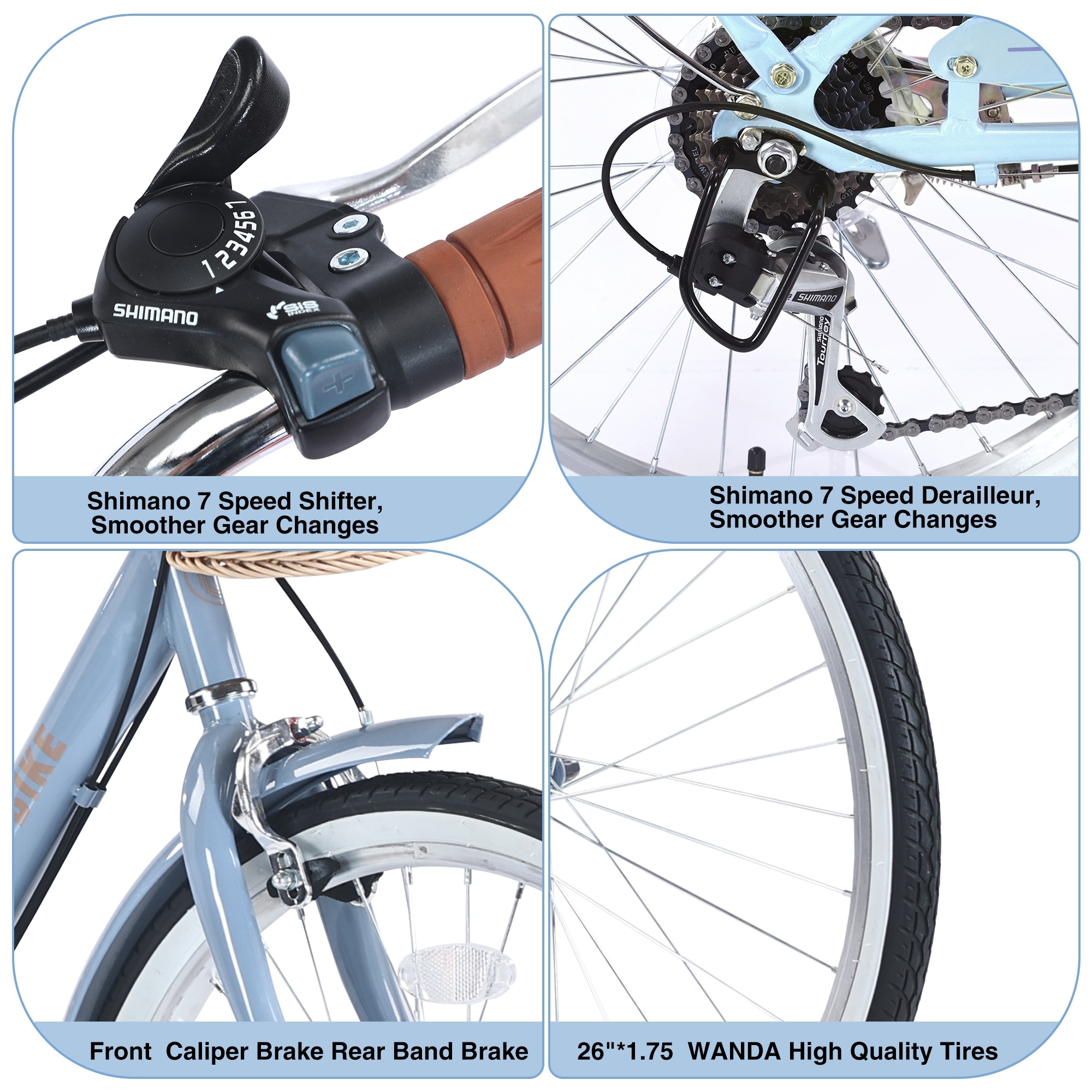 7 Speed City Bike With Basket, Steel Frame, Multiple Colors