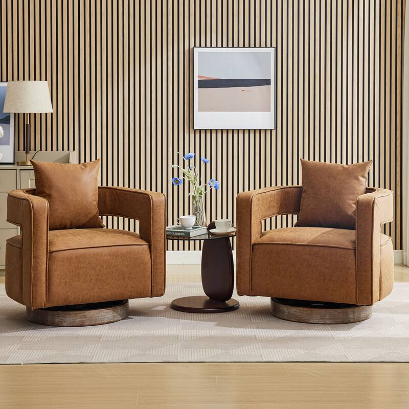 Modern Swivel Chair,PU leather Barrel Chair with Wooden Base and pillow