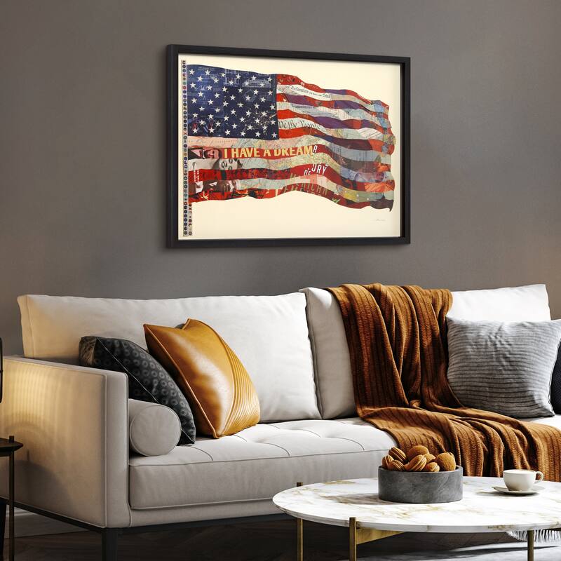 "American Flag" Alex Zeng's dimensional collage, under glass & a black shadow box frame