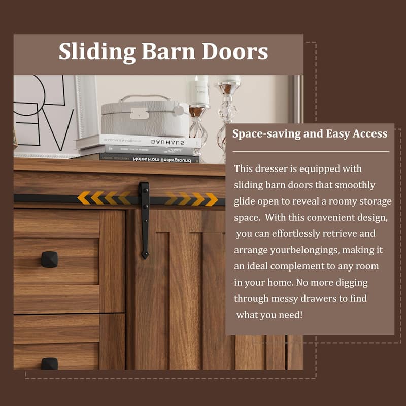 Farmhouse 5 Drawer Dresser for Bedroom, Wood Chest with Sliding Barn Door, Adjustable Shelf