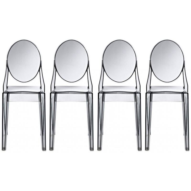 Set of 4 Designer Transparent Dining Chairs Modern Designer Stacking Accent For Kitchen Armless No Arms - Smoke