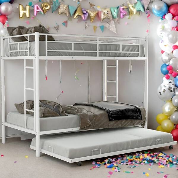 slide 2 of 15, Twin Over Twin Bunk Bed With Trundle,Two Ladders,Metal Frame for Home White