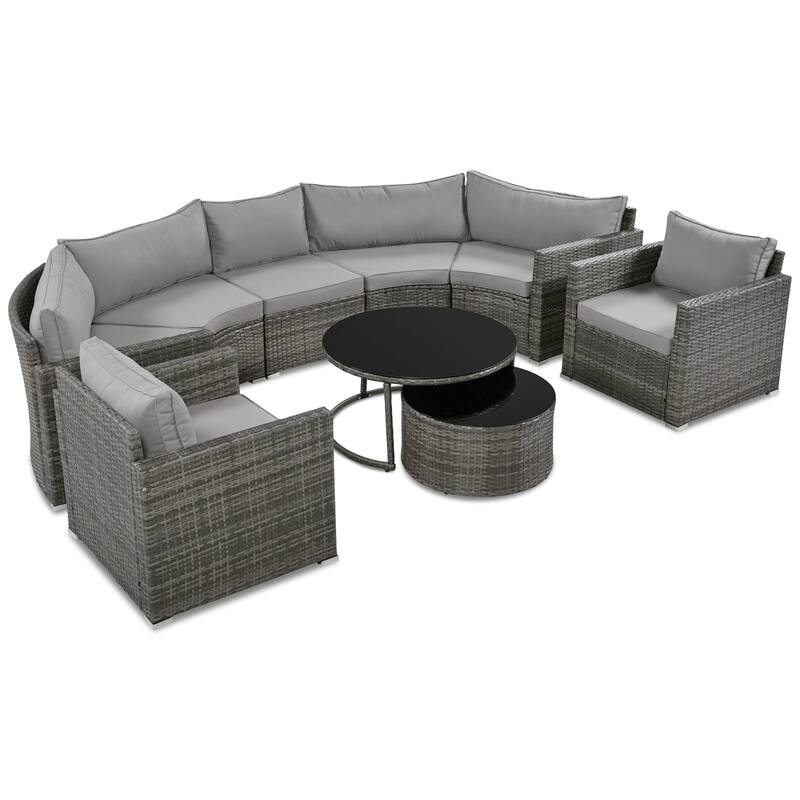 9-Piece Half-Moon Wicker Patio Sofa Set with Cushions and Two Round Coffee Tables