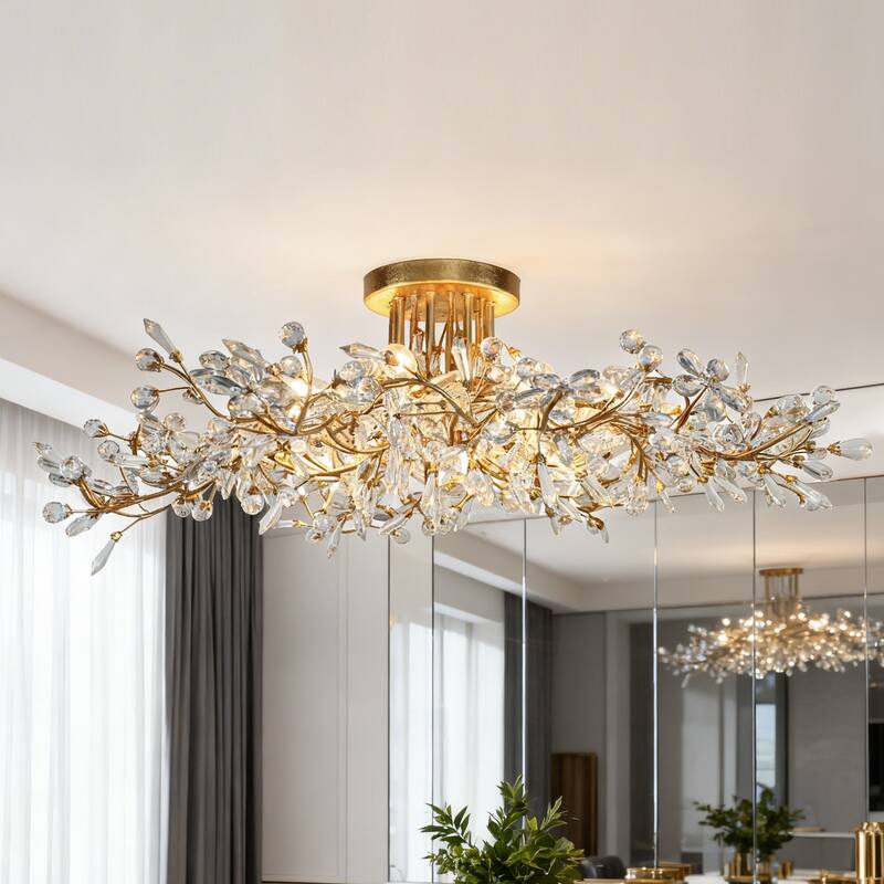 Aureflor 8-Light Antique Gold Foil Crystal Floral Chandelier Semi-flush Mount Ceiling Light - Antique Gold - 31.9" Dia.x9.4"H