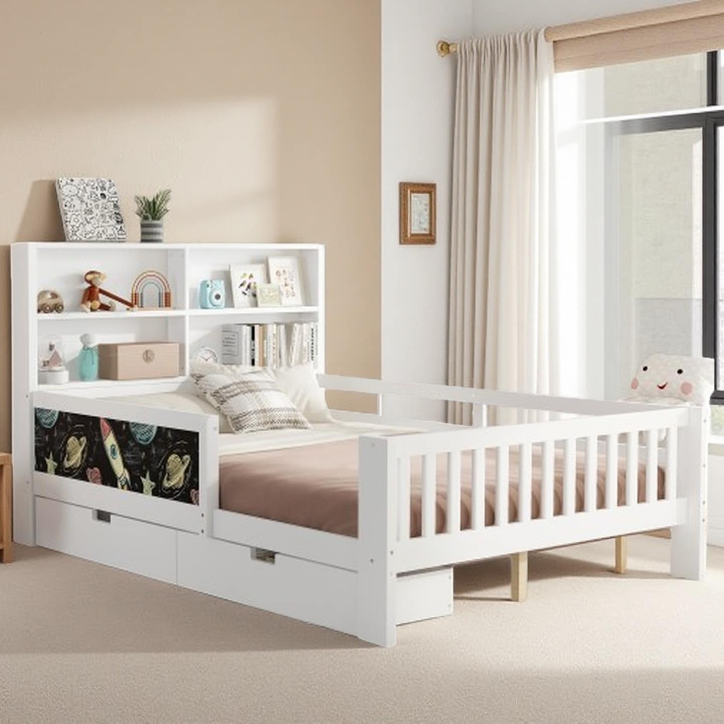 Full-Size Solid Wood Platform Bed for Kids with Chalkboard Headboard, Storage Drawers & Shelves, Space-Saving Design