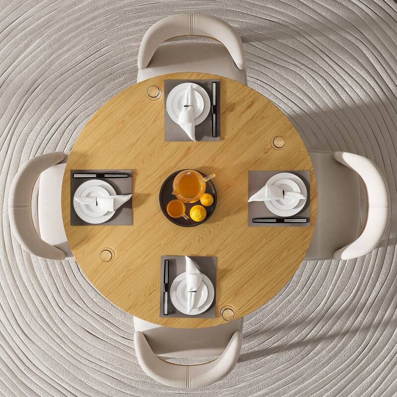 Modern Round Wooden Dining Table - 46" Diameter, Fluted Base, Natural Oak Finish for Dining Room