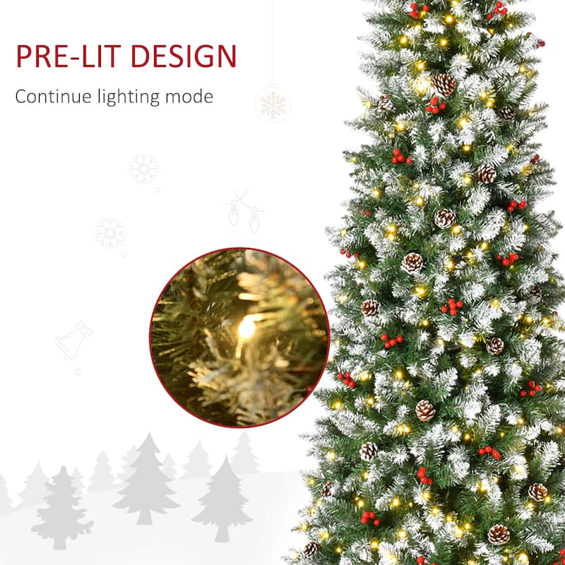 HOMCOM Pre-Lit Snow-Dipped Artificial Tree - Realistic Branches, LED Lights, Pine Cones, Red Berries - Green
