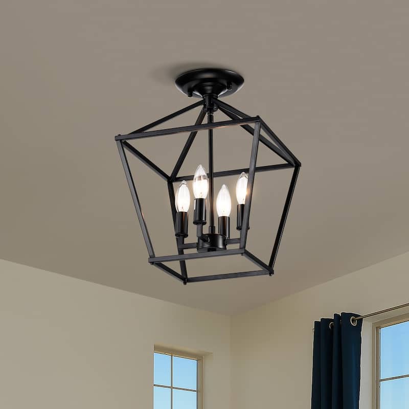 Matte Black 4-Light 12 in. Cage Lantern Farmhouse Semi-flush Mount