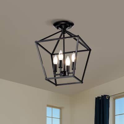 Matte Black 4-Light 12 in. Cage Lantern Farmhouse Semi-flush Mount