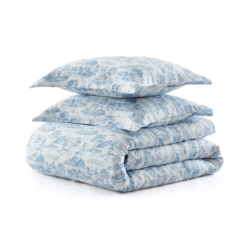 Martha Stewart Farmhouse Toile Cotton Reversible Blue Duvet Cover Set