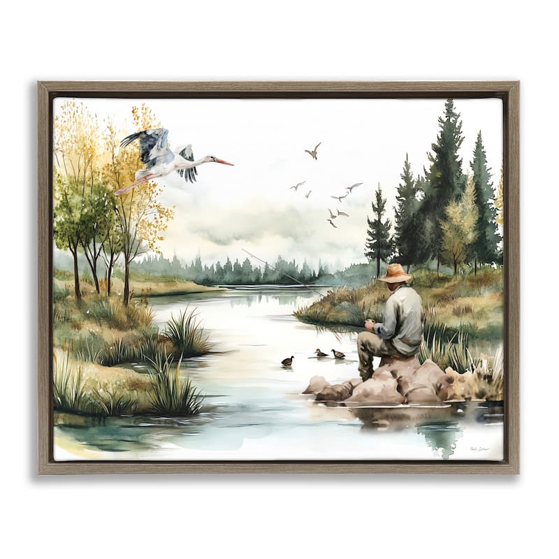 Stupell Fishing by River Landscape Framed Floater Canvas Wall Art Design By Nicole DeCamp - 21 x 17 - Brown