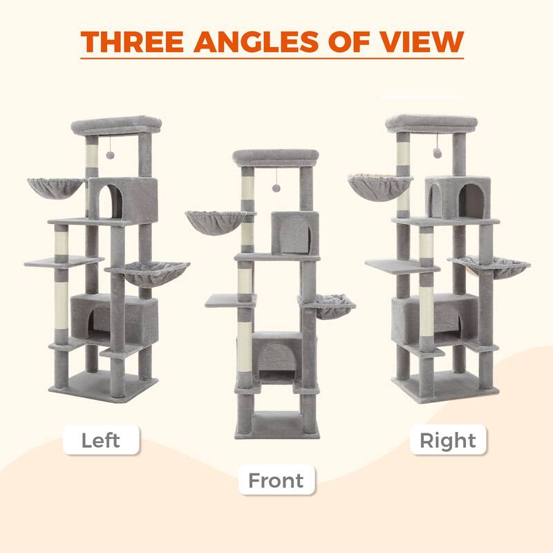 66" Cat Tree, Cat Tower with Sisal-Covered Scratching Post, Super Large Metal Hammock and 2 Big Condos