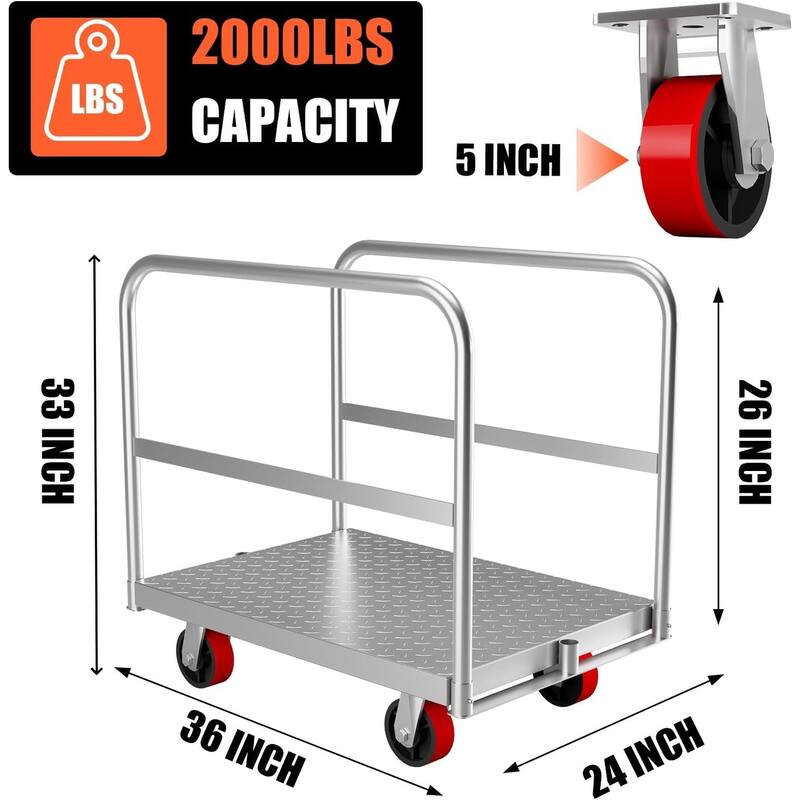 Heavy Duty Steel Panel Cart Dolly, 2000 Lbs Capacity Drywall Dolly Lumber Truck Cart with 3 Side Handrails & 4 Swivel